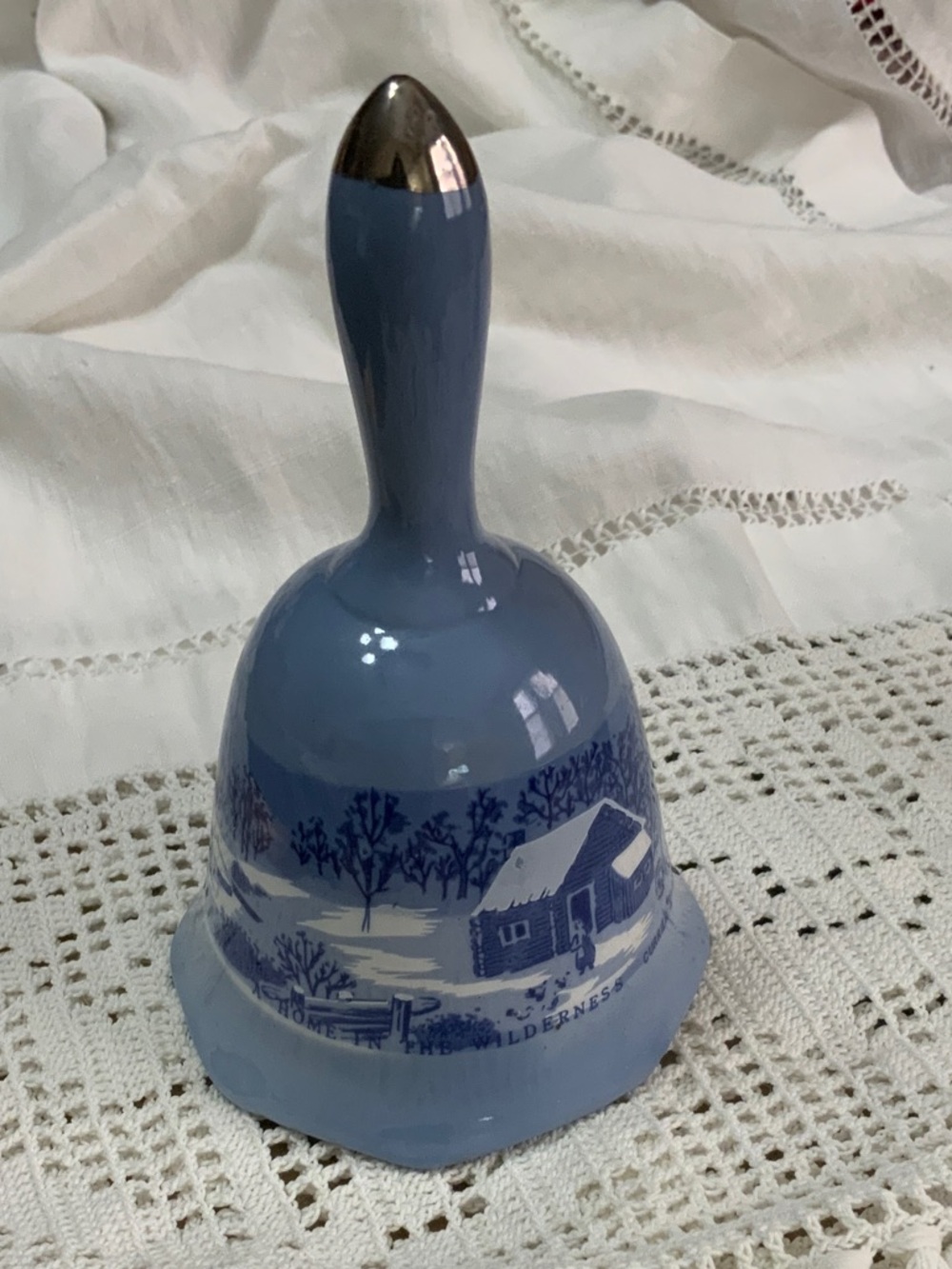 Blue Ceramic Cottage Scene Decorative Bell